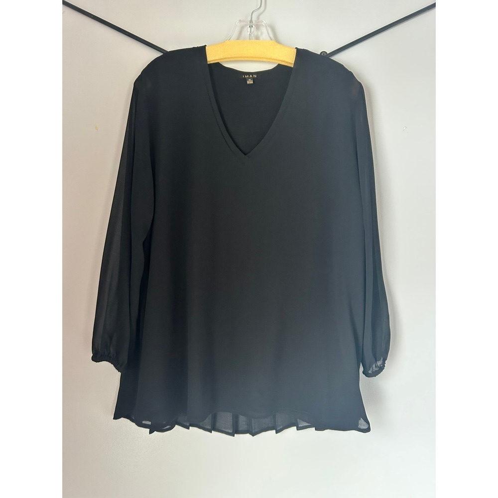 IMAN Black V-Neck Pleated Back Chiffon Blouse Long Sleeve Top XL